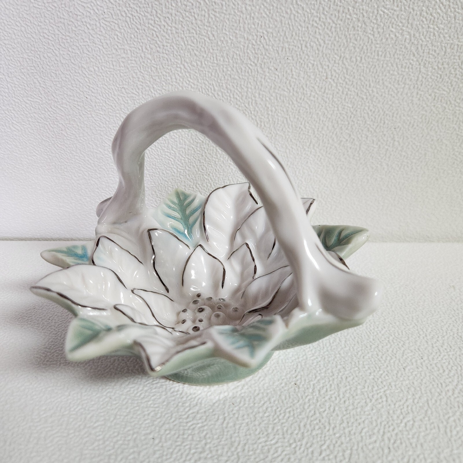 Small Porcelain Handled Basket White Green Flower Silver Tone Outline Glazed 5″