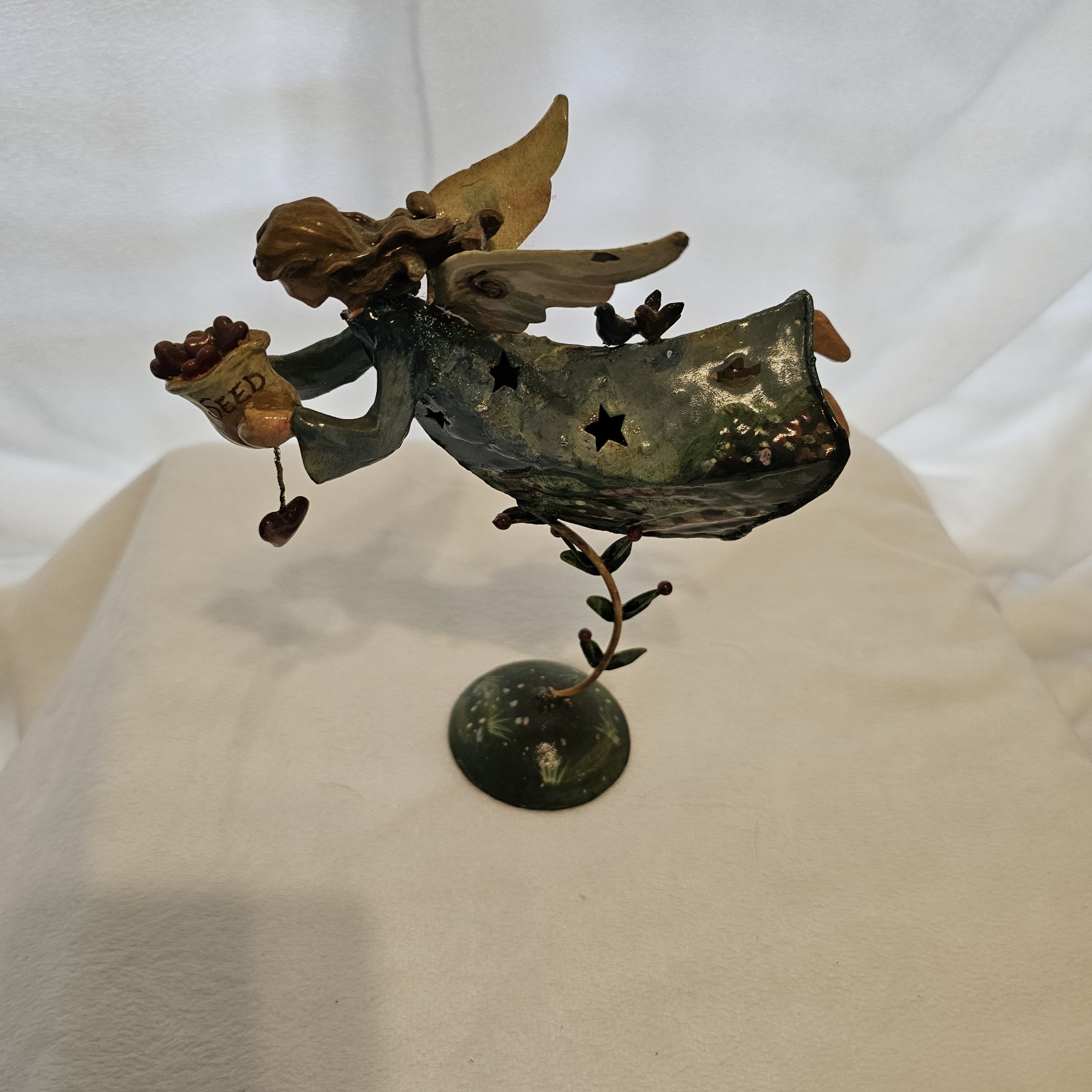 Seed Fairy Statue Metal Painted Angel Blues And Greens 7×8 In.