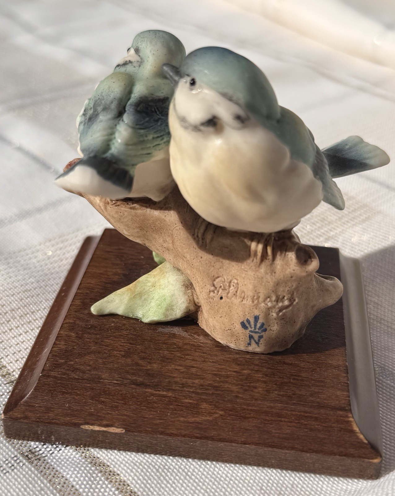 G. Armani Porcelain Painted Signed Bird Figurine Wooden Base Florence 1980s