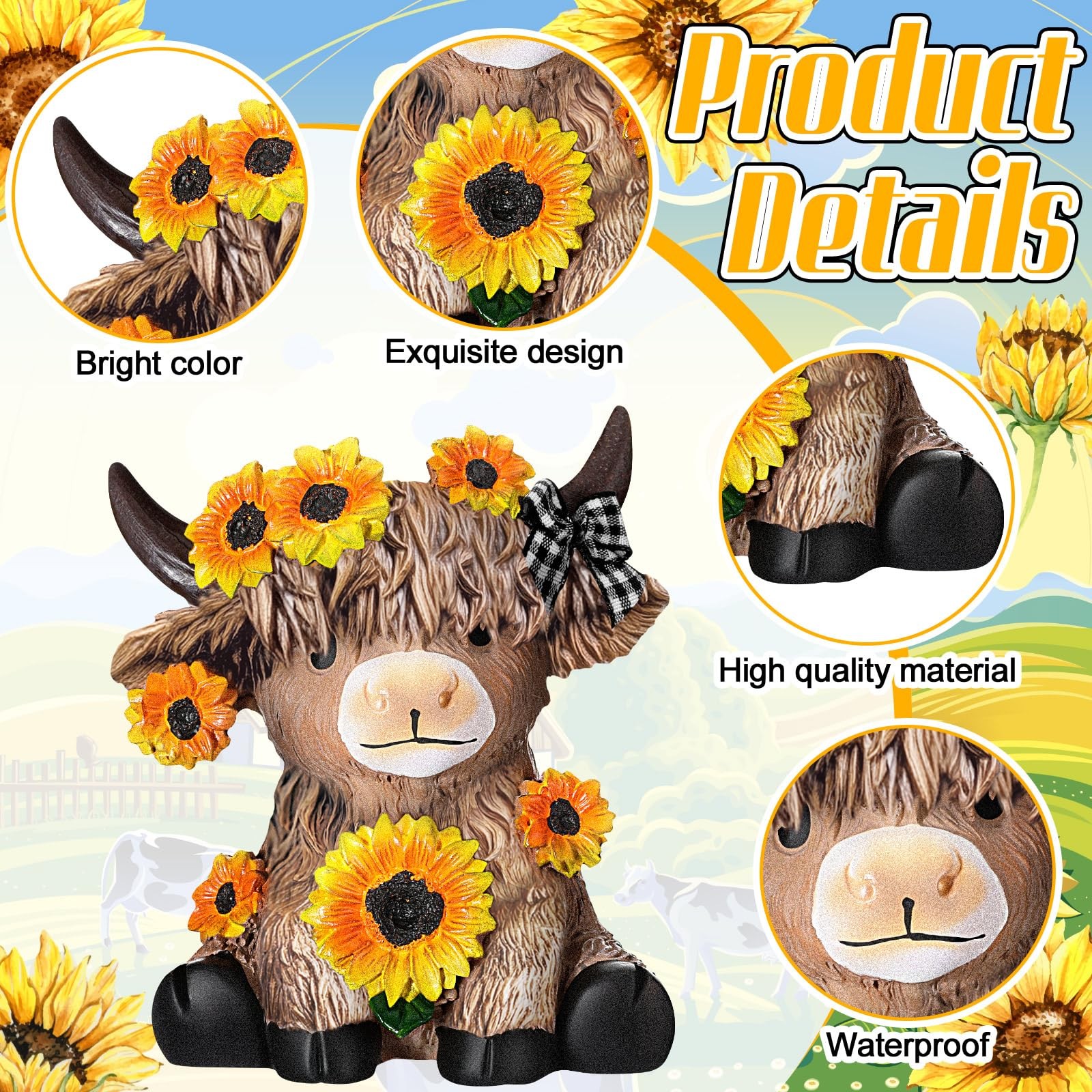 2 Pcs Summer Sunflower Highland Cow Figurines Gifts, Cute Highland Cow Statue…