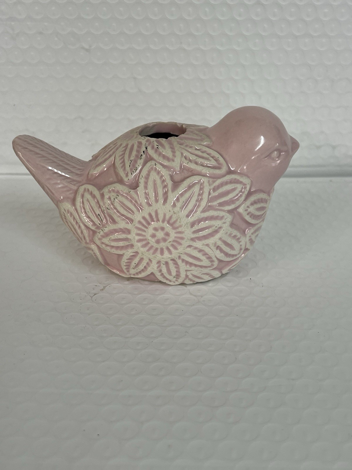 Bird Figurine~Ceramic~Cottage Bud Vase~5.5 in X 3.5 In~ Pink~White Design