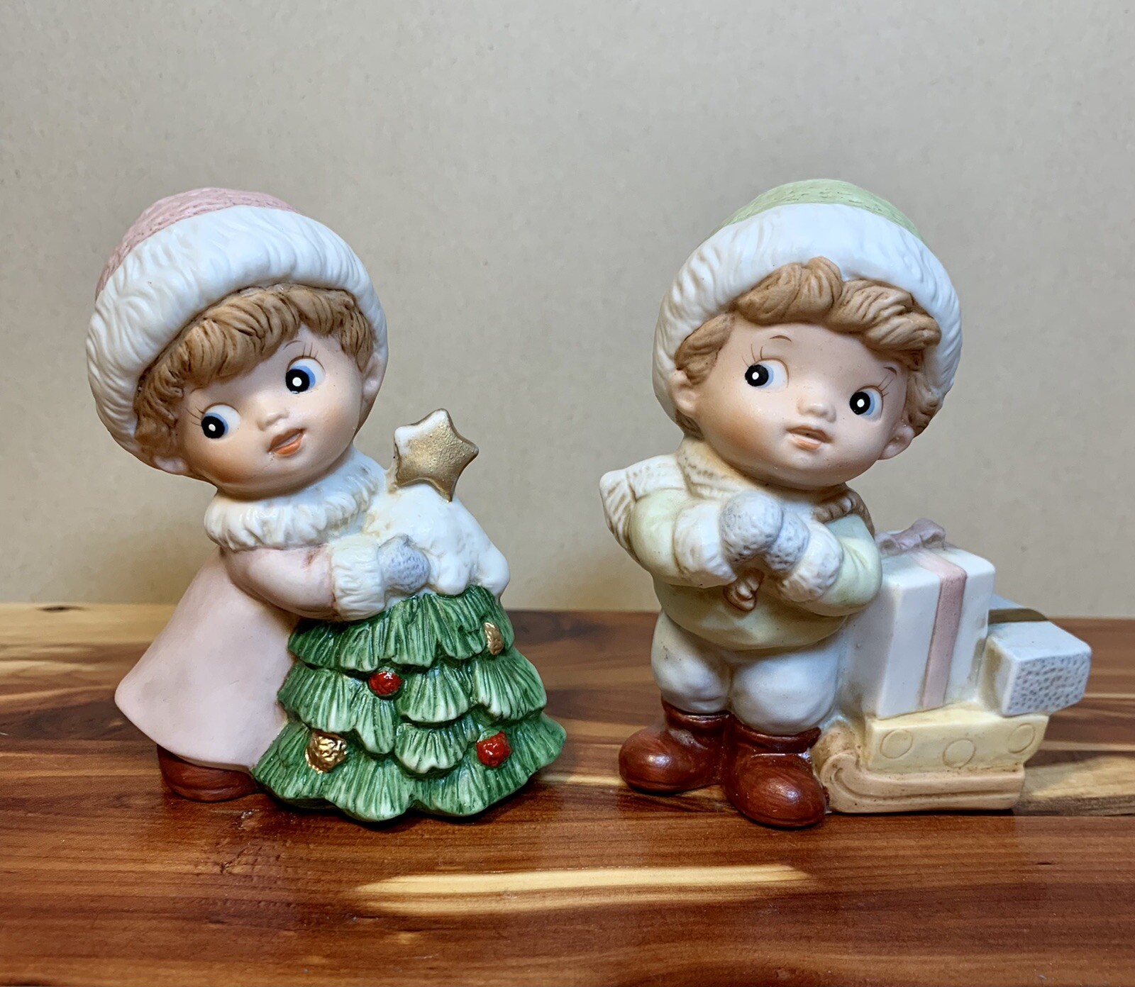 Vintage-HOMCO # 5556 Christmas BOY & GIRL FIGURINES(Set)-4″-EUC