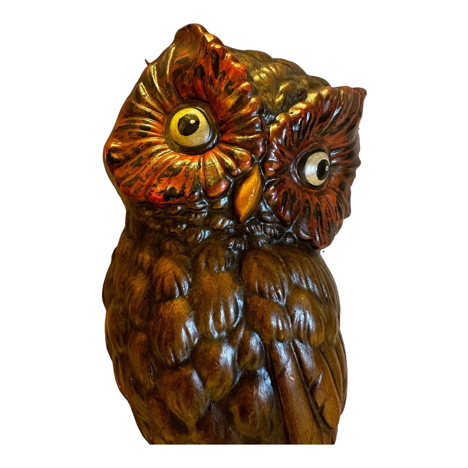 Vintage Chalkware Plaster Brown Owl Perched On Log Wallhanging Handpainted