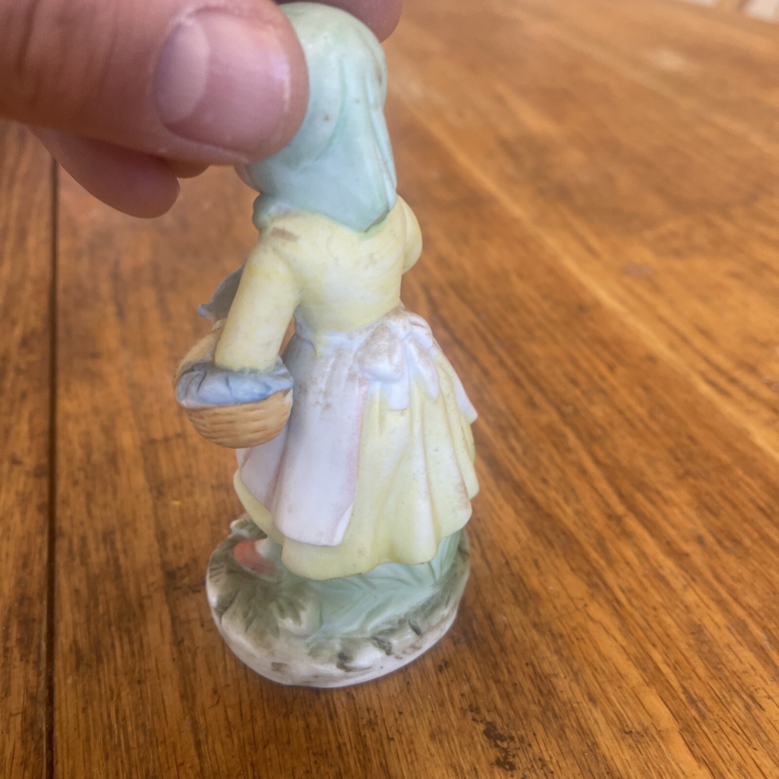 Porcelain Figurine Woman Holding Basket With Bird In Hand Flowers On Base