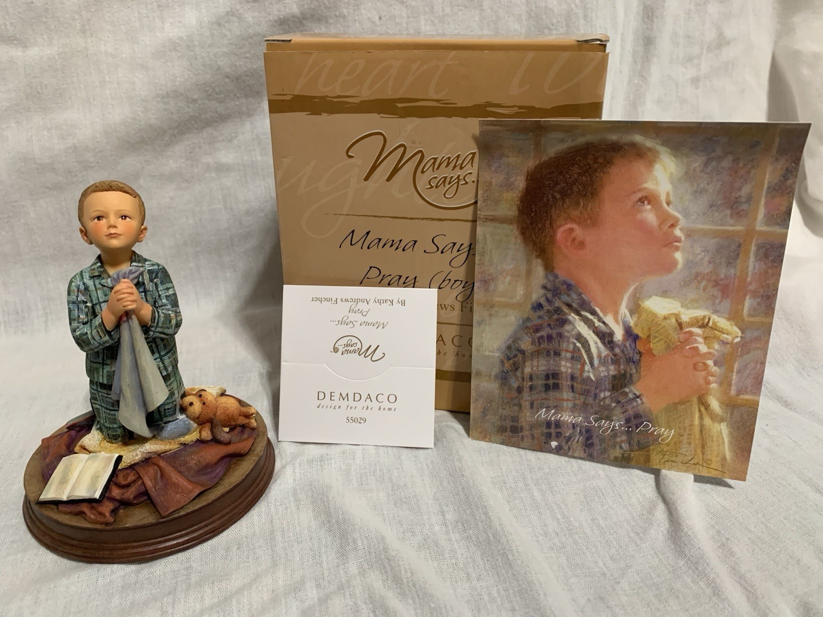 2005 Mama says… Pray (boy) Demdaco Kathy Andrews Fincher Figurine in box