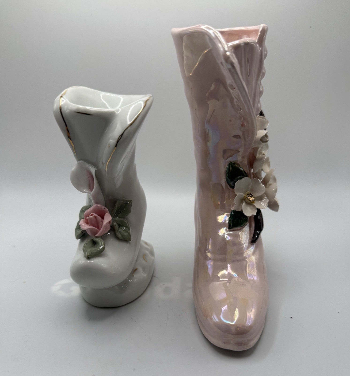 Vintage Porcelain Victorian Style Shoe Figurines W Attached Flowers Set Of 2
