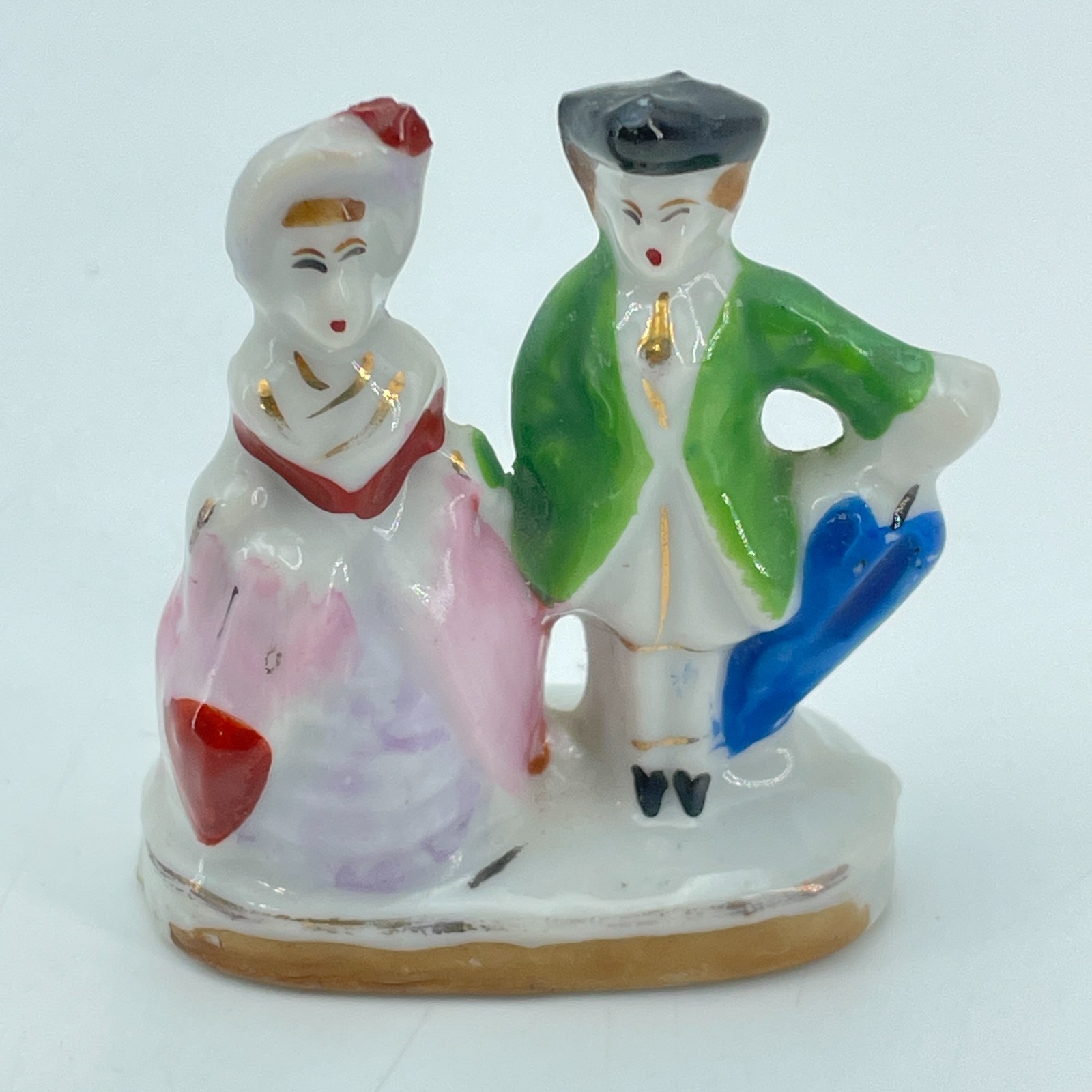 Japan Colonial Couple Porcelain Figurine Green Pink Gold Trim Vintage 2.25in