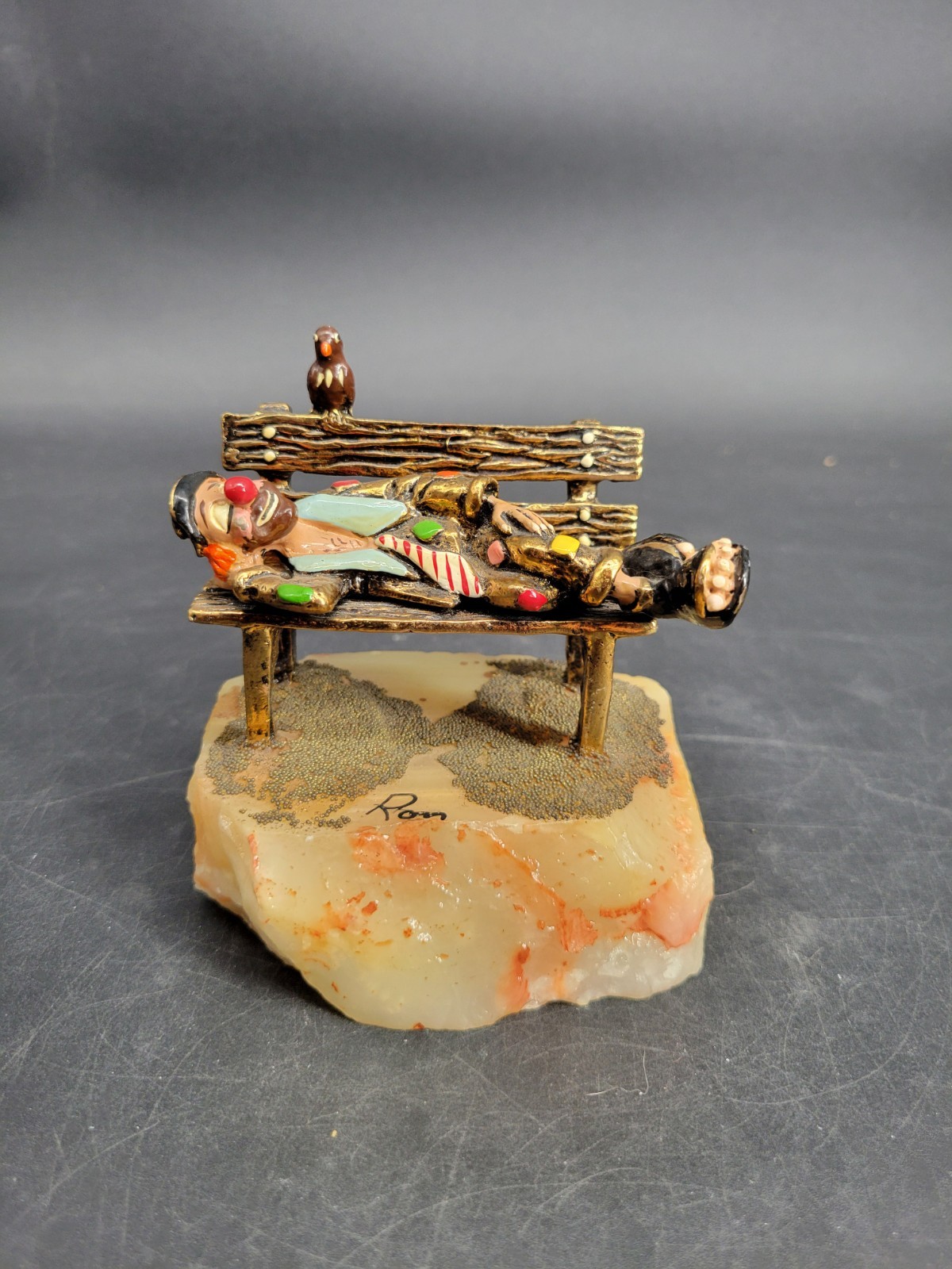 Signed, Vintage Hand-Crafted Ron Lee Sleeping Clown On Bench Whimsical Figurine