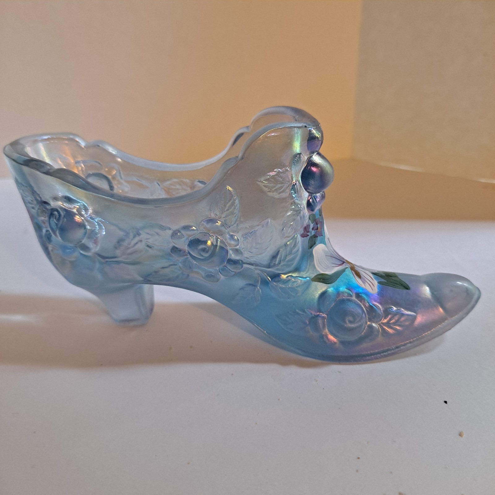 Fenton Art Glass Shoe/Slipper Iridescent Blue Hand Painted 5″