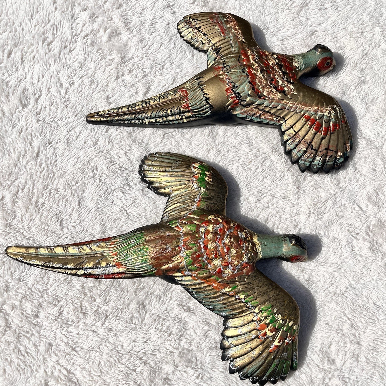 Vintage 1959 Chalkware Flying Pheasants Set of 2 Miller Studio Gold Metallic