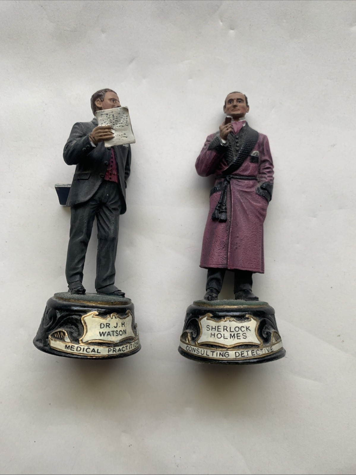 RARE Staden Collection Sherlock Holmes + Watson Metallic Pewter 4.5″ Statue Set