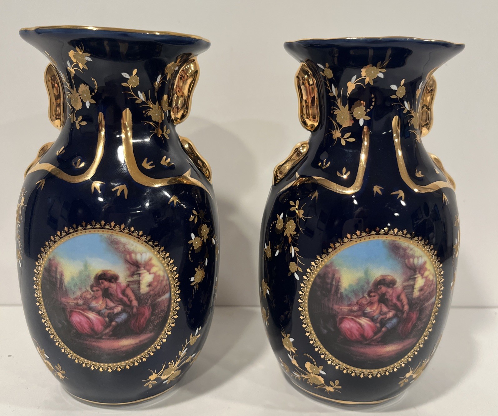 Porcelain Blue And Gold Historical Figures Vases 6” Tall