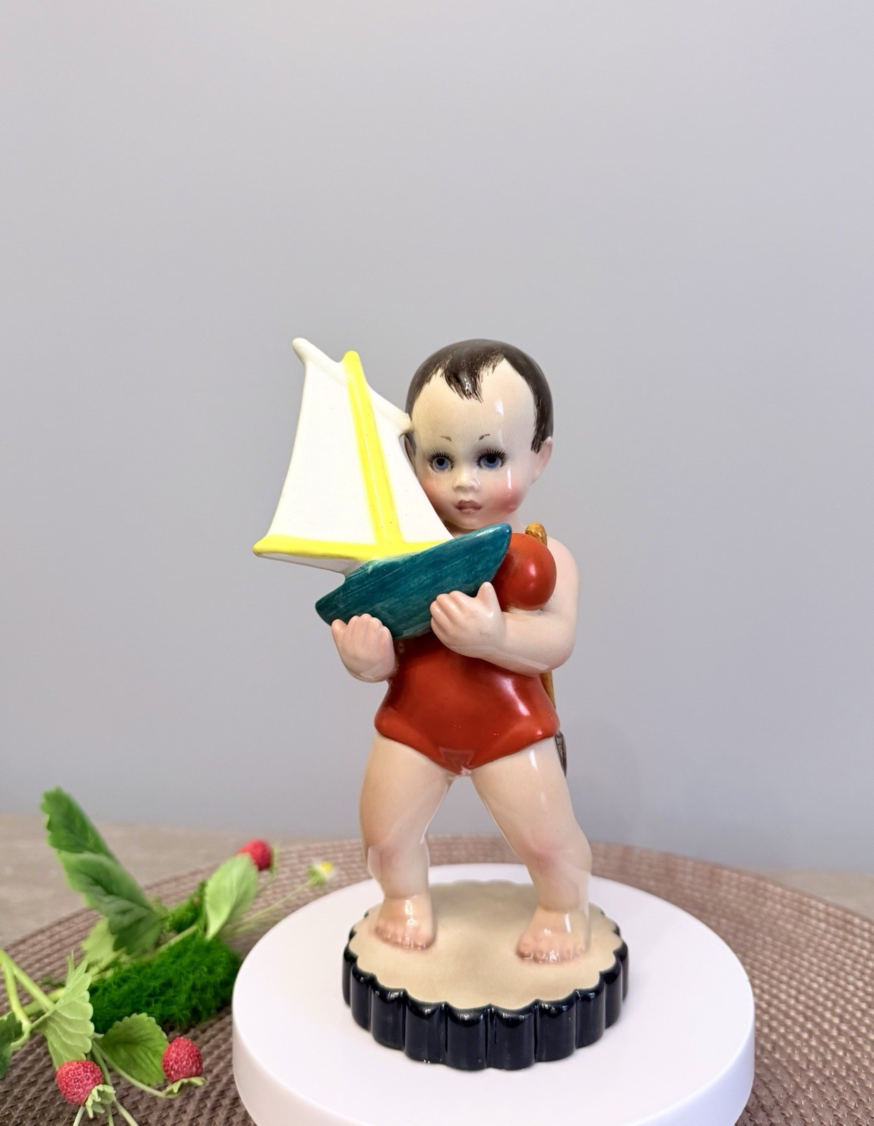 Art Deco Italian Ceramic Figurine Giovanni Ronzan Lenci Torino Boy & Ship 1930s