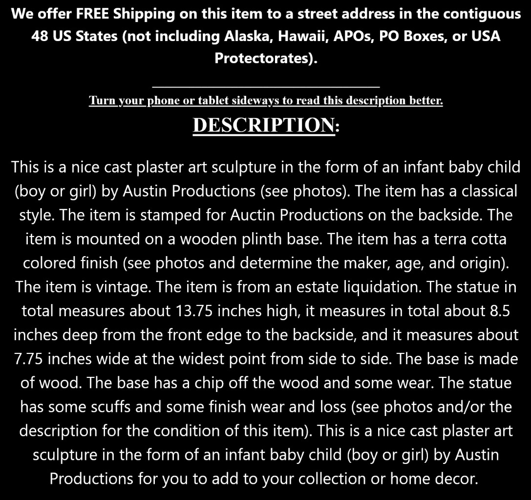 Vintage Austin Productions Child Baby Statue Art Sculpture Wood Base Boy or Girl