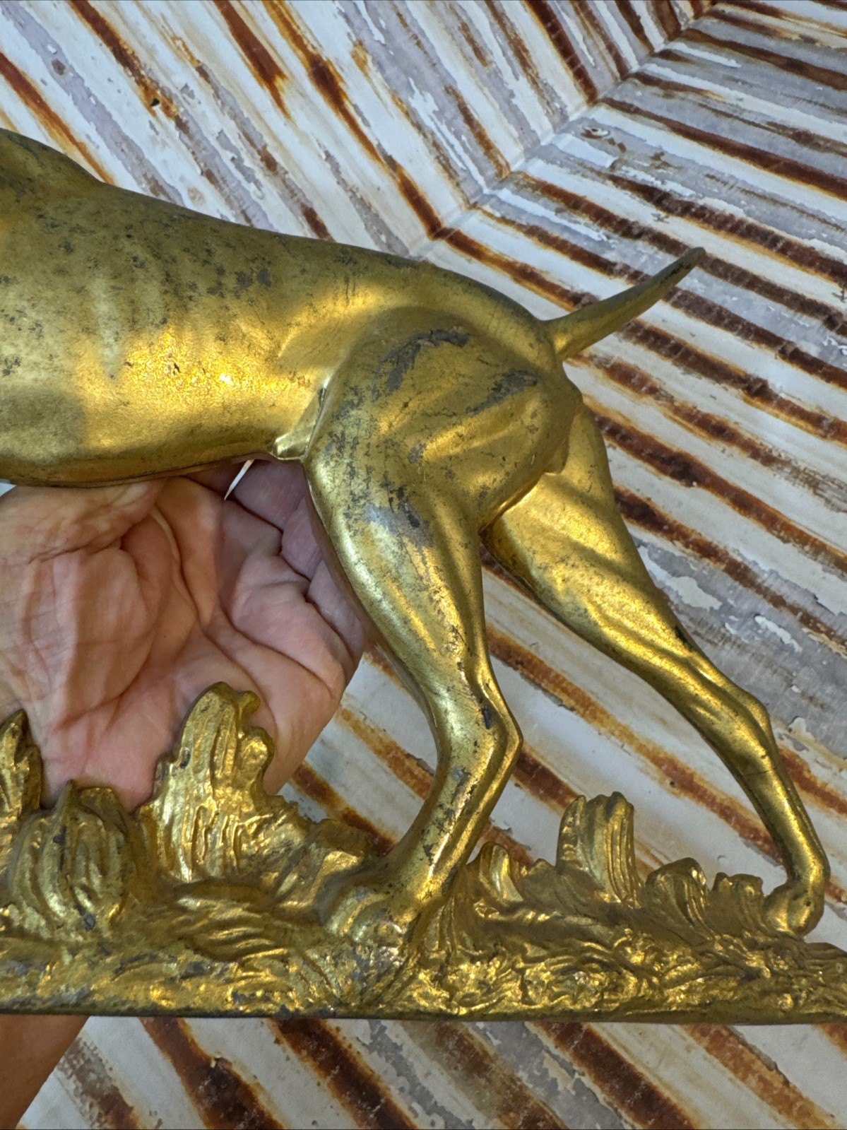 Vintage Cast Metal Pointer Dog Statue Wall Plaque 3 Demensional Gold R.S. 1951