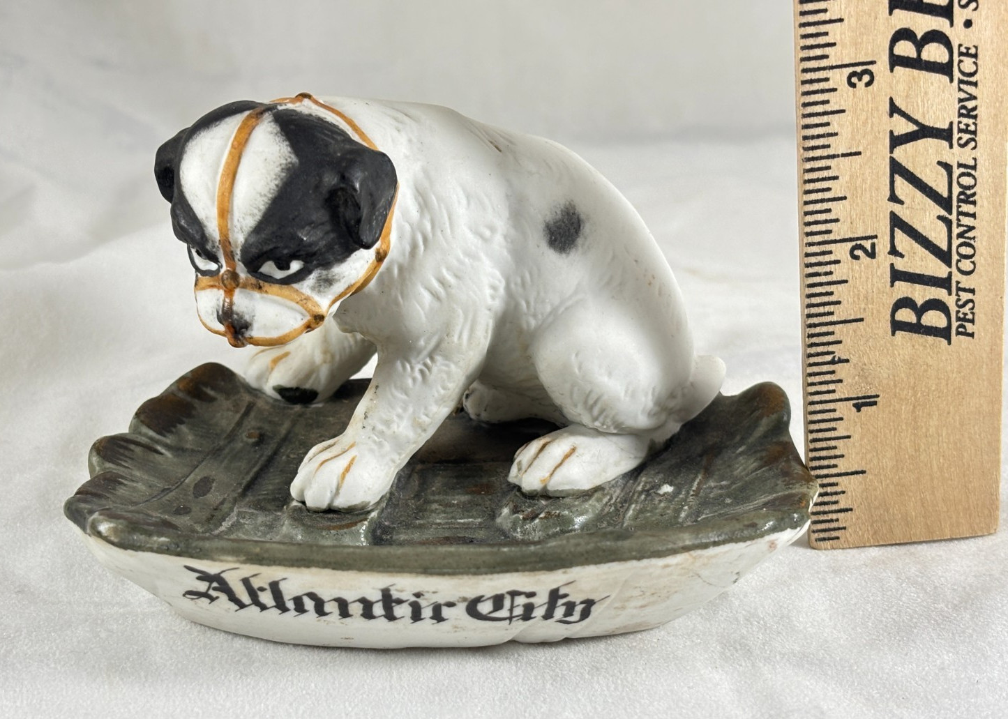 Antique German Bisque 4½” Black & White Dog Figurine Pin Dish – Atlantic City
