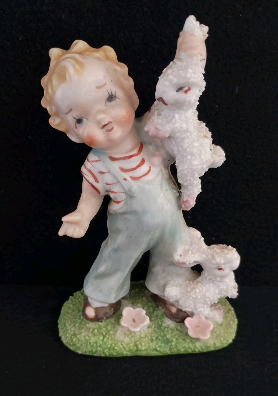 Easter Figurine Little Boy in Overalls with his Bunny Rabbits / Bunnies Vintage
