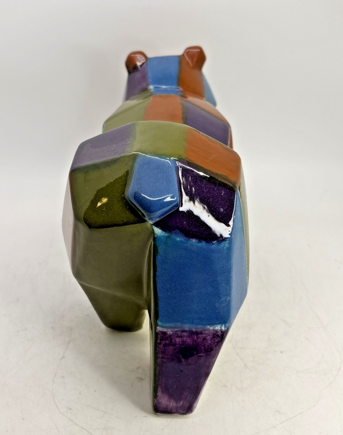 Colorful Geometric Bear Figurine Cubist Pattern Ceramic Figurine 9” Long 5” Tall