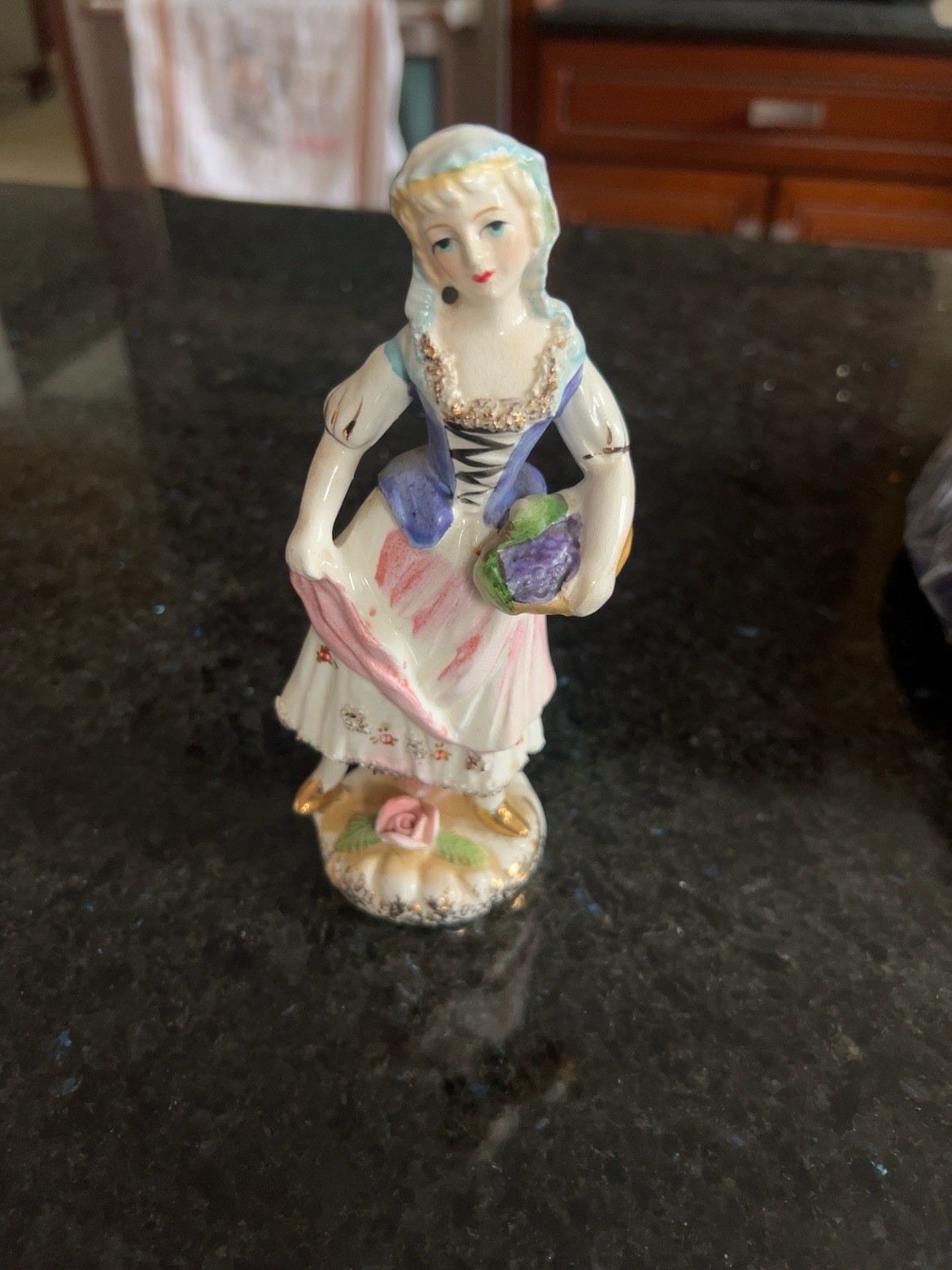 Vintage Hand Painted Ceramic Lady Figurine Victorian Woman Holding Grapes Statue
