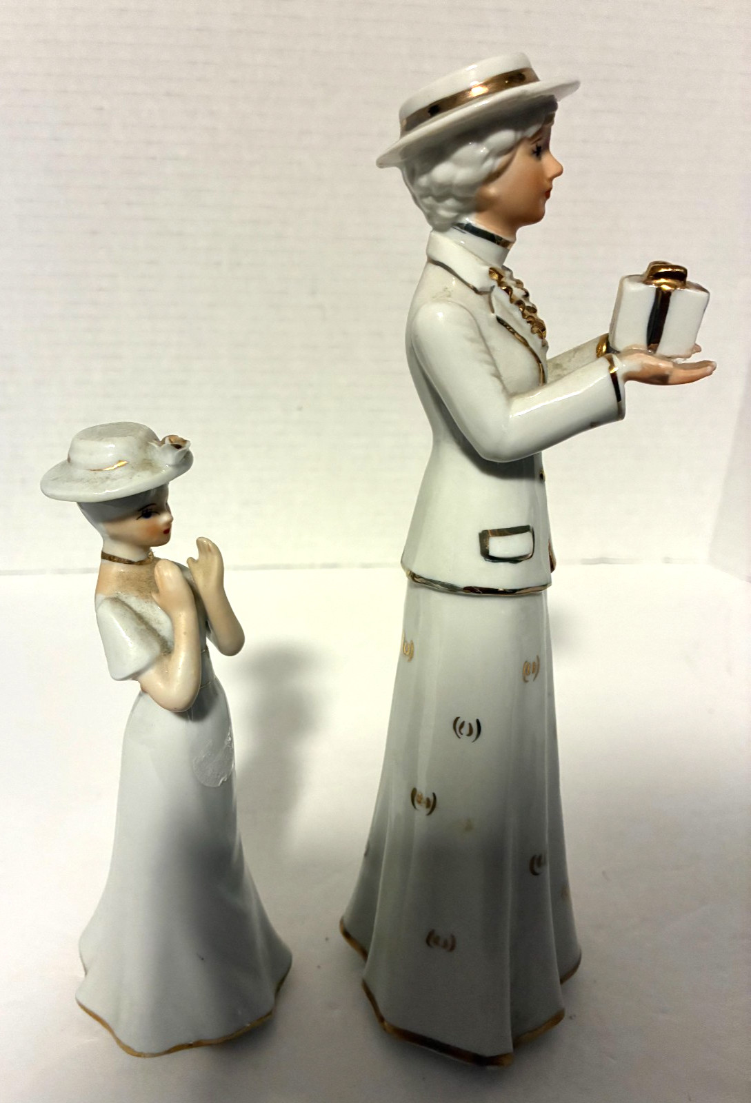 Piero Vintage Elegant Lady w/ Present and Little Girl- Gold Trimmed Figurines