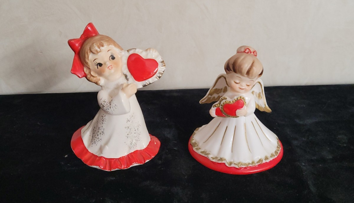 2 Vintage Lefton Valentine Girl & Angel Figurines Figurine Lot Japan Foil Label