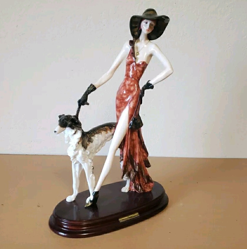 A. Santini Signed 17″ Sculpture Figurine Elegant Lady Walking with Borzoi Dog