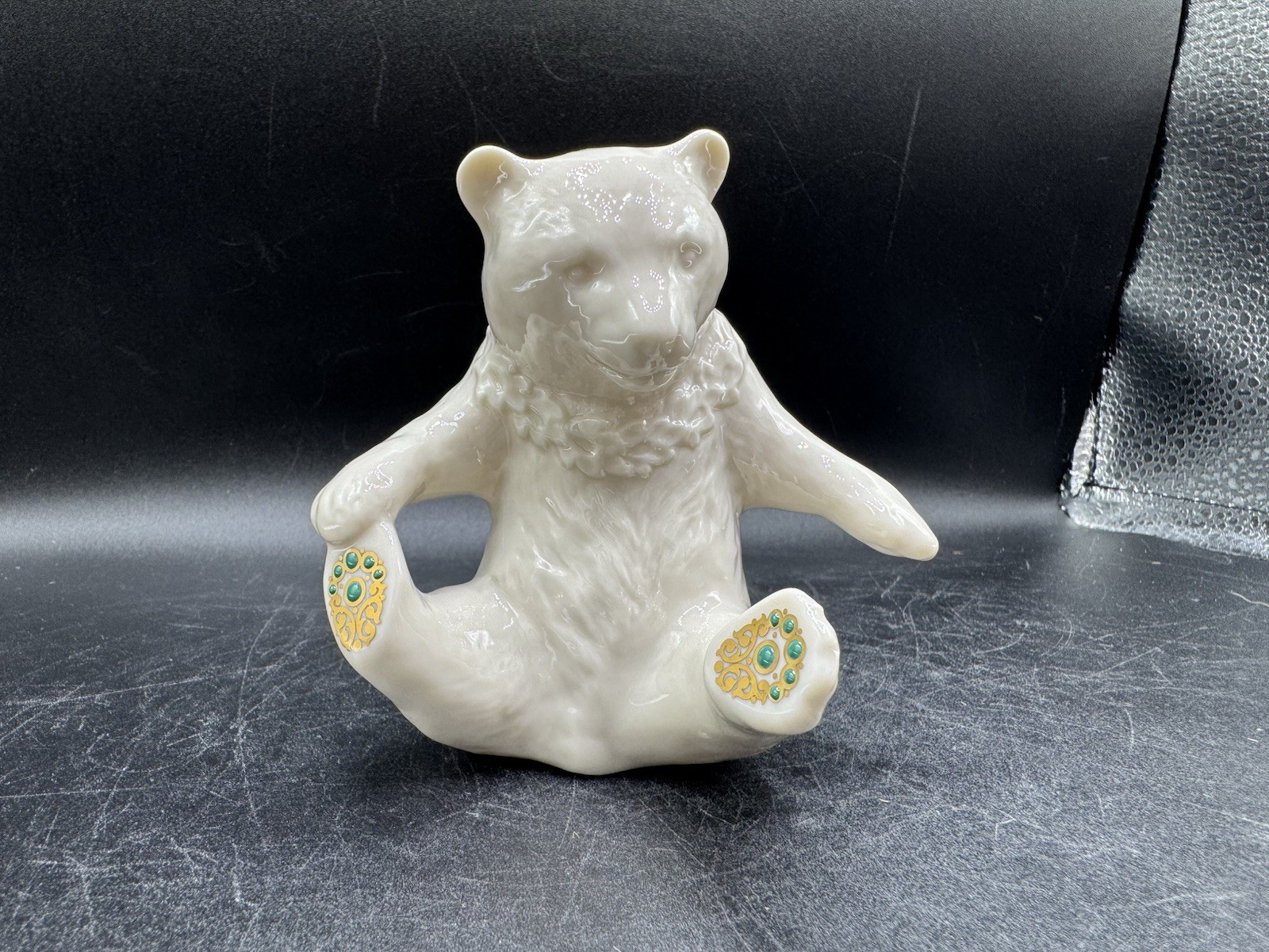 Vtg Lenox Green Jeweled White Honey Black Bear Figurine Gold Trim 1991