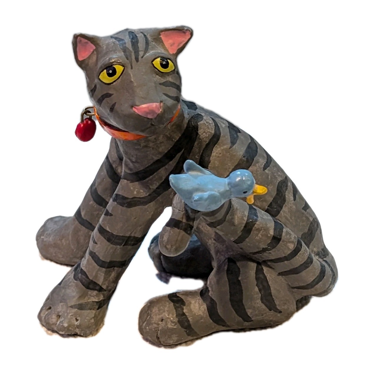 Judie Bomberger “Albert” Cat Gray Black Stripes With Bluebird On Tail