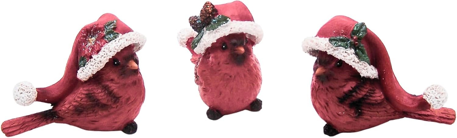 Wowser Shelf Sitting Cardinal Figurines with Santa Hats, Freestanding Christmas
