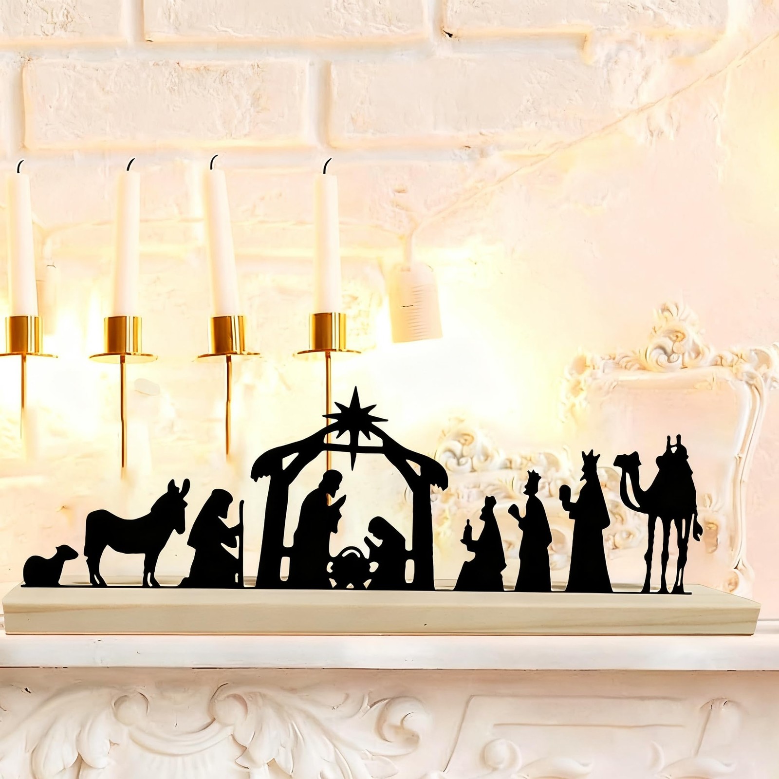 Metal Nativity Scene Set, Christmas Decoration, Black Nativity Scene with Wooden