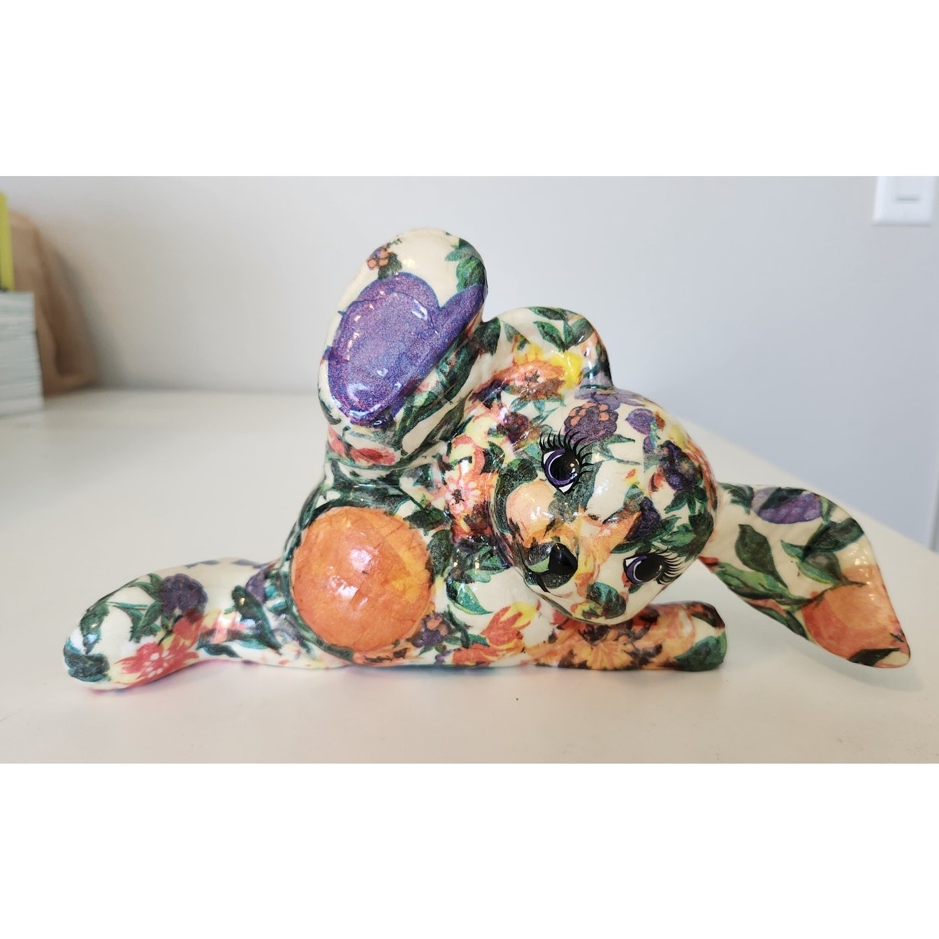 Decorative Ceramic Bunny Rabbit Figurine Dedoupage Floral Pattern Vibrant Colors