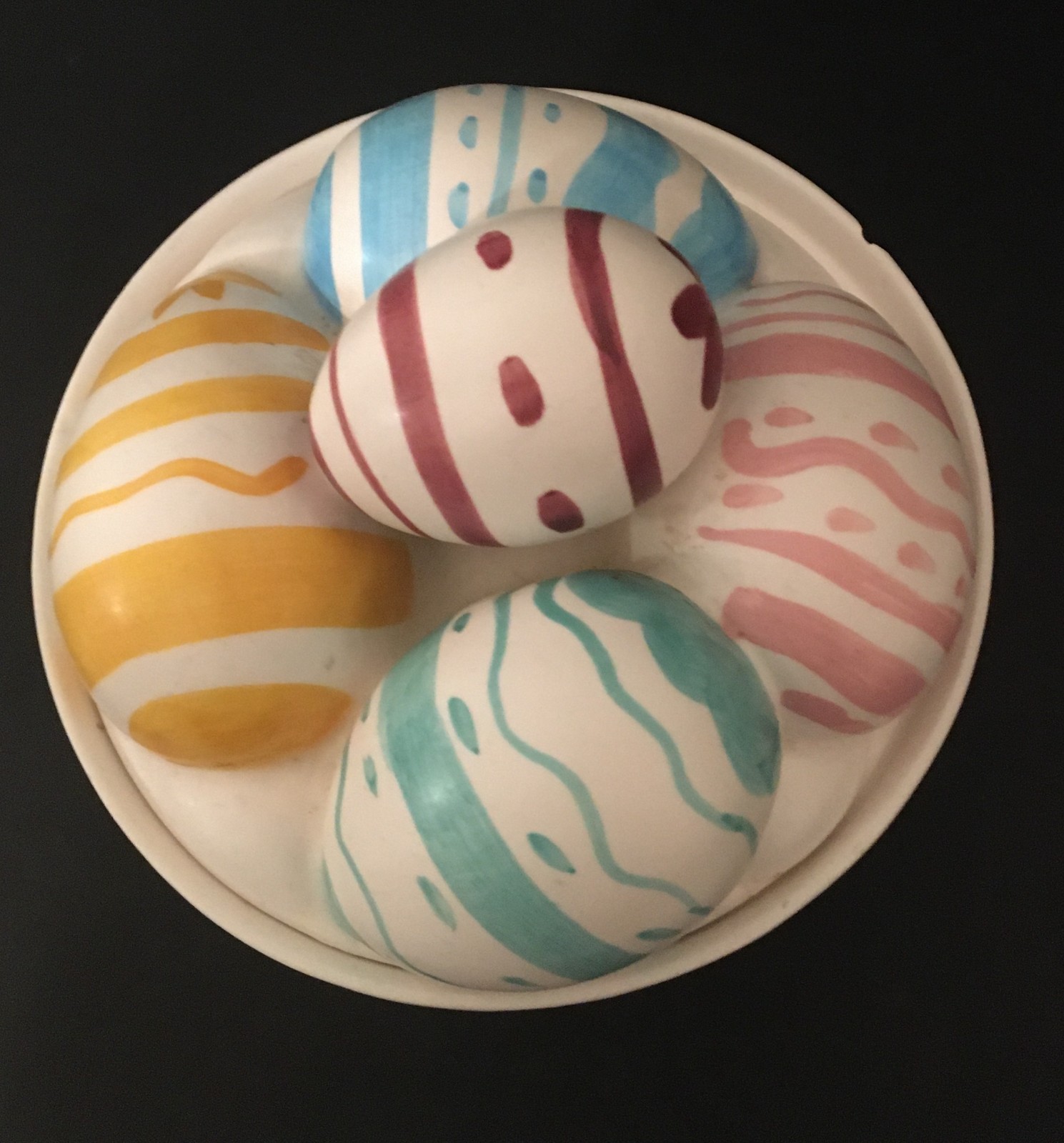 Lefton Vintage 2 Piece Ceramic Easter Eggs in Woven Pedestal Basket Candy Dish