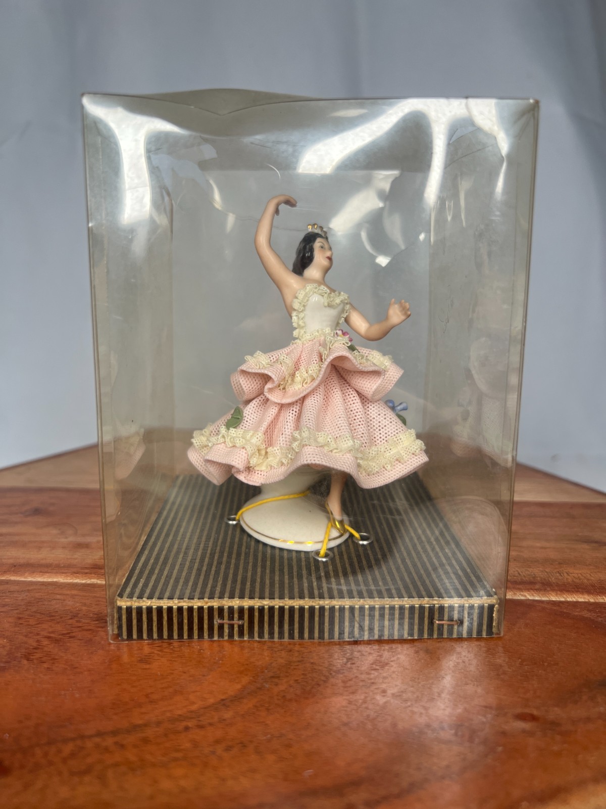 Vintage German Dresden Porcelain Lace Ballerina Figurine Display Case Pink Tutu