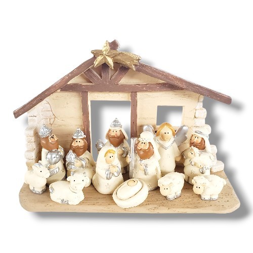 New In Box Miniature Nativity Scene with Creche Set of 12 Rearrangeable Figures