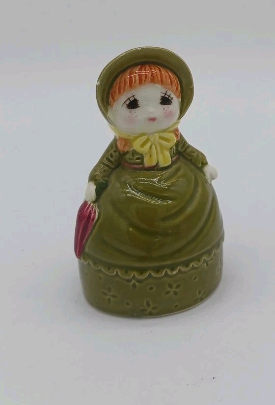Vintage Lefton Porcelain Girl Bell Figurine Green Dress Bonnet 1970-1980s Japan