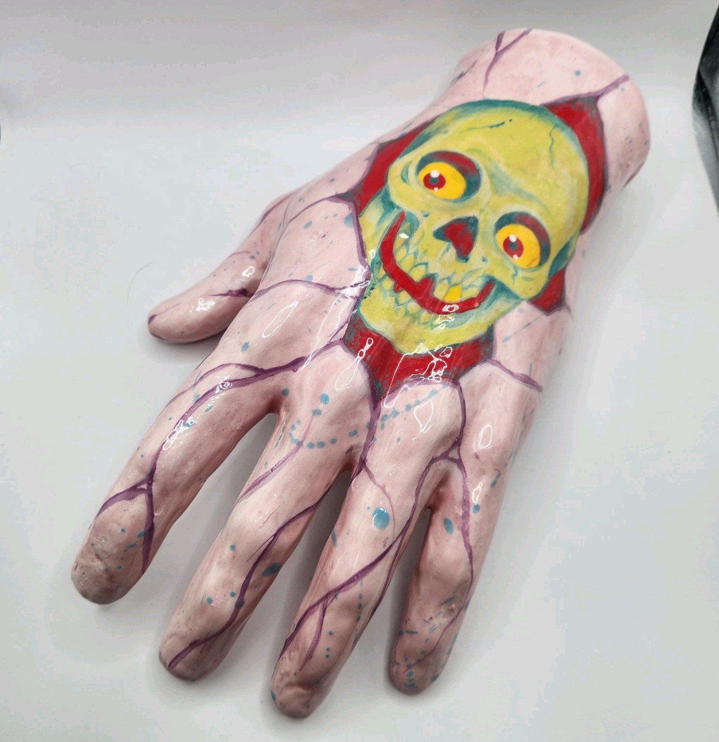 Large 12″ Weird Unique Ceramic Hand Art With Skull And Eye Features Horror