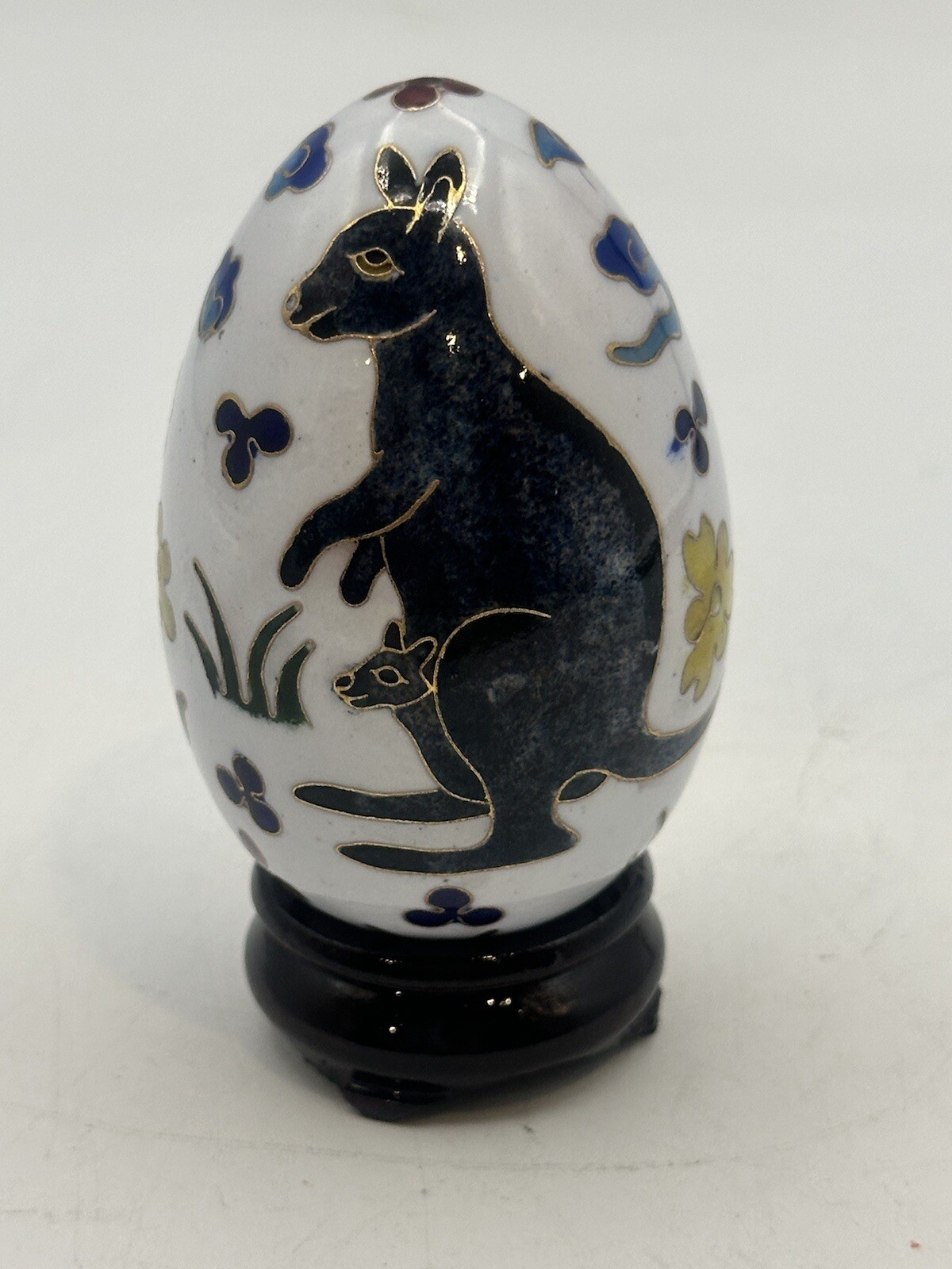 Cloisonné Decorative Egg Kangaroo & Floral Theme Brass And Enamel Art With Stand
