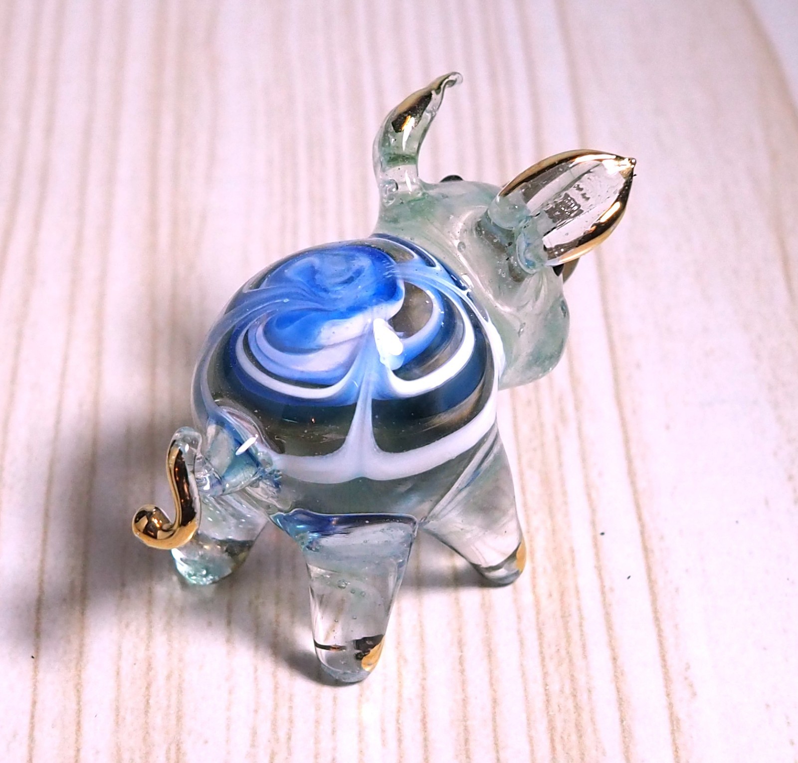blue green cute PIG figurine hand blown Art Glass gold trim 1.75 in GIFT decor