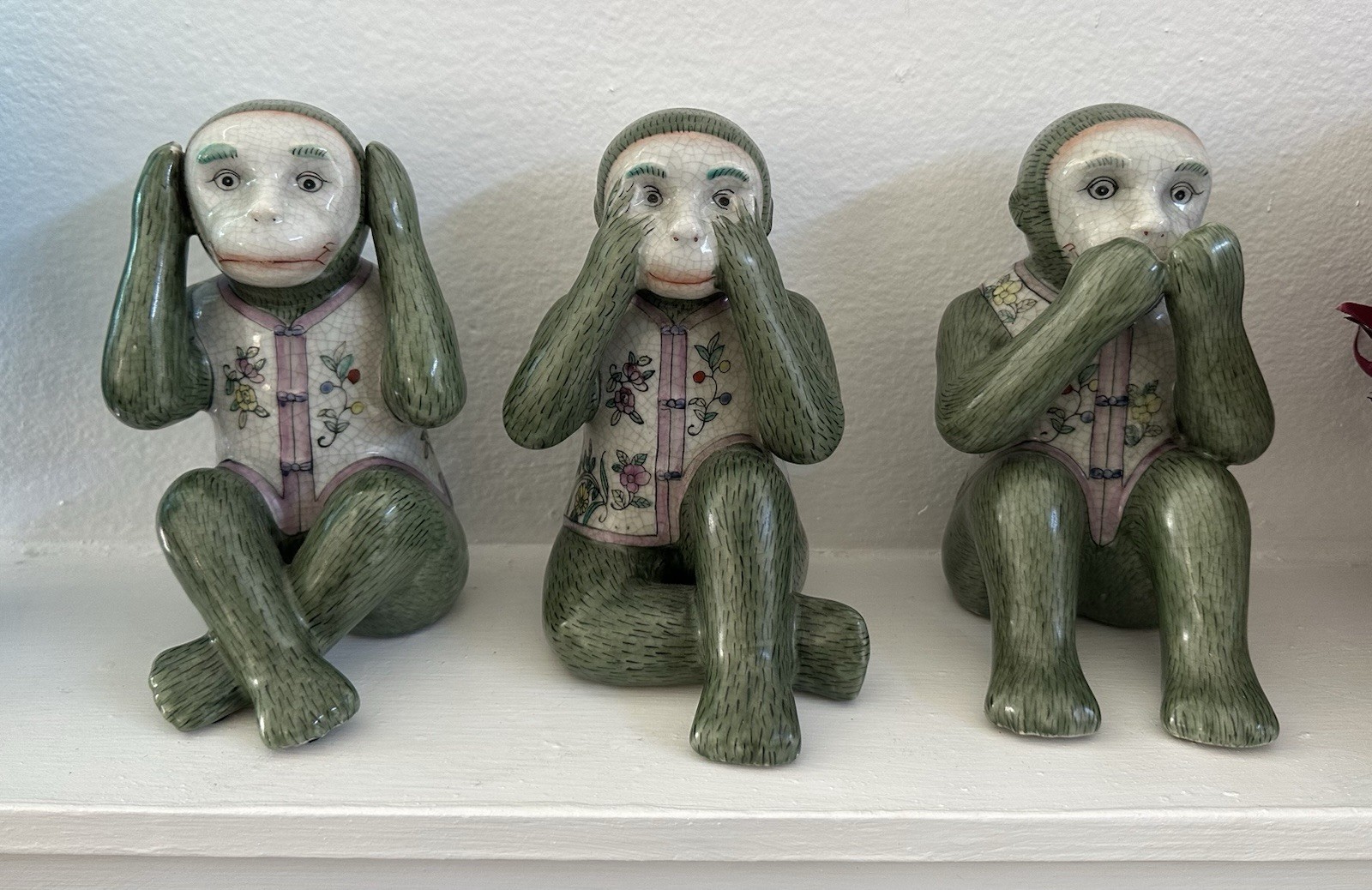3 Wise Vintage Asian Green See Hear Speak No Evil Ceramic Art Monkey Figures