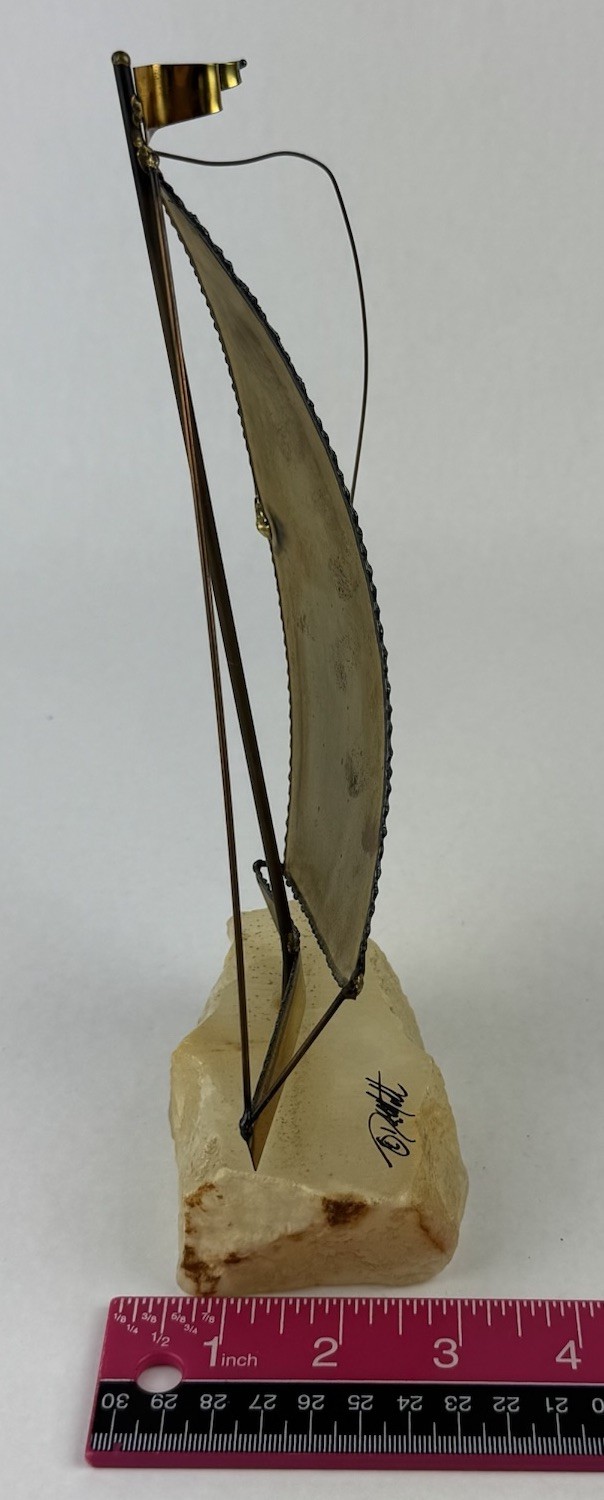 Copper Sailboat Sculpture Stone Base Metal Vintage 9.75″ Signed John DeMott MCM