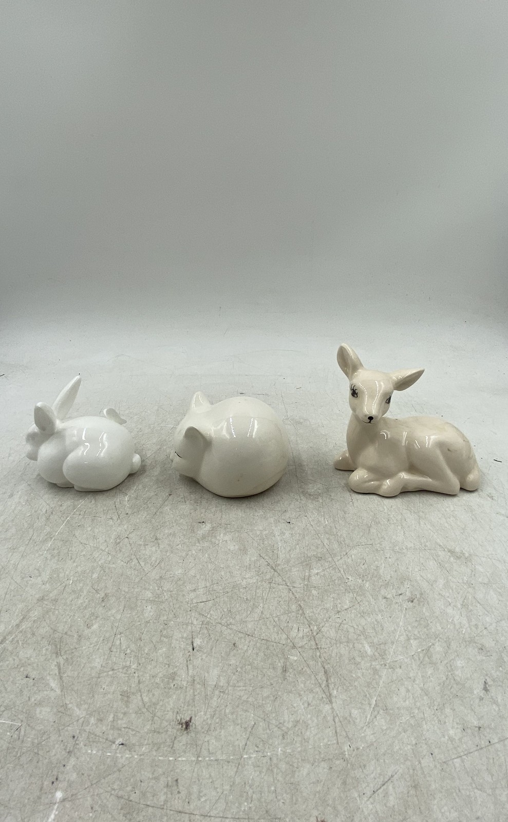 White Beige Cat Deer And Rabbit Ceramic Animal Figurines Lot Of 3