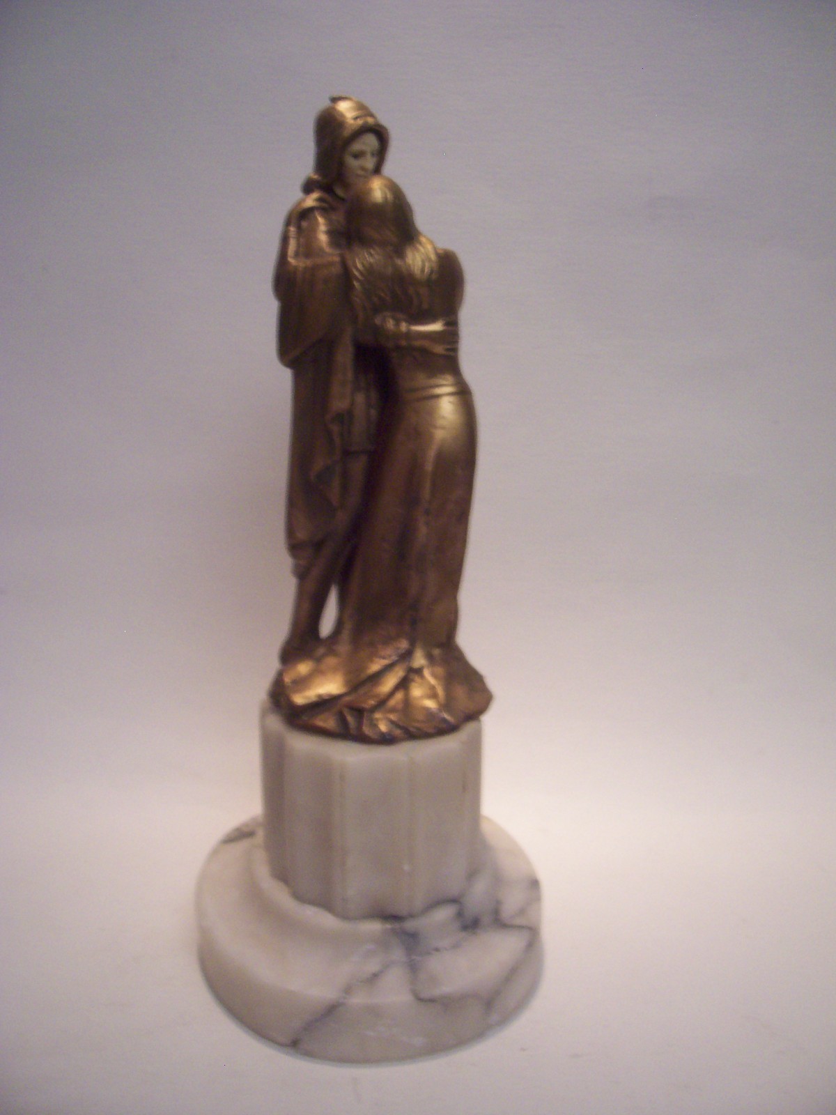 ANTIQUE DECO J.B. HIRSCH SCULPTURE OF MAID MARIAN / ROBIN HOOD ON MARBLE “AS IS”