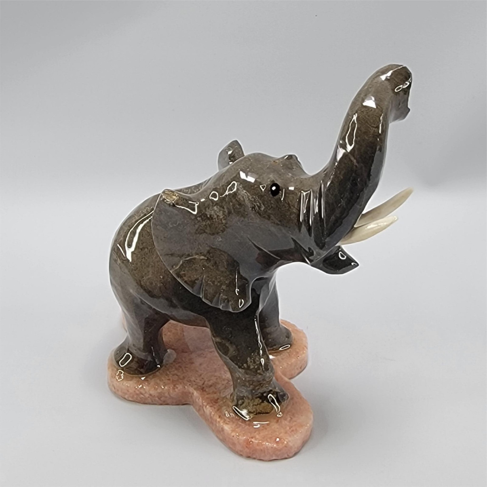 Ceramic Elephant Figurine Trunk Up 3″ Brown-Green High Gloss Small RT Ear Chip