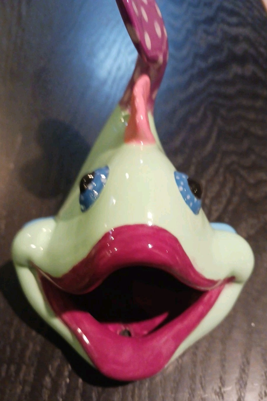 Ceramic Multi Colored Open Mouth Fish Figurine Signed Cute Sponge Or Soap Holder