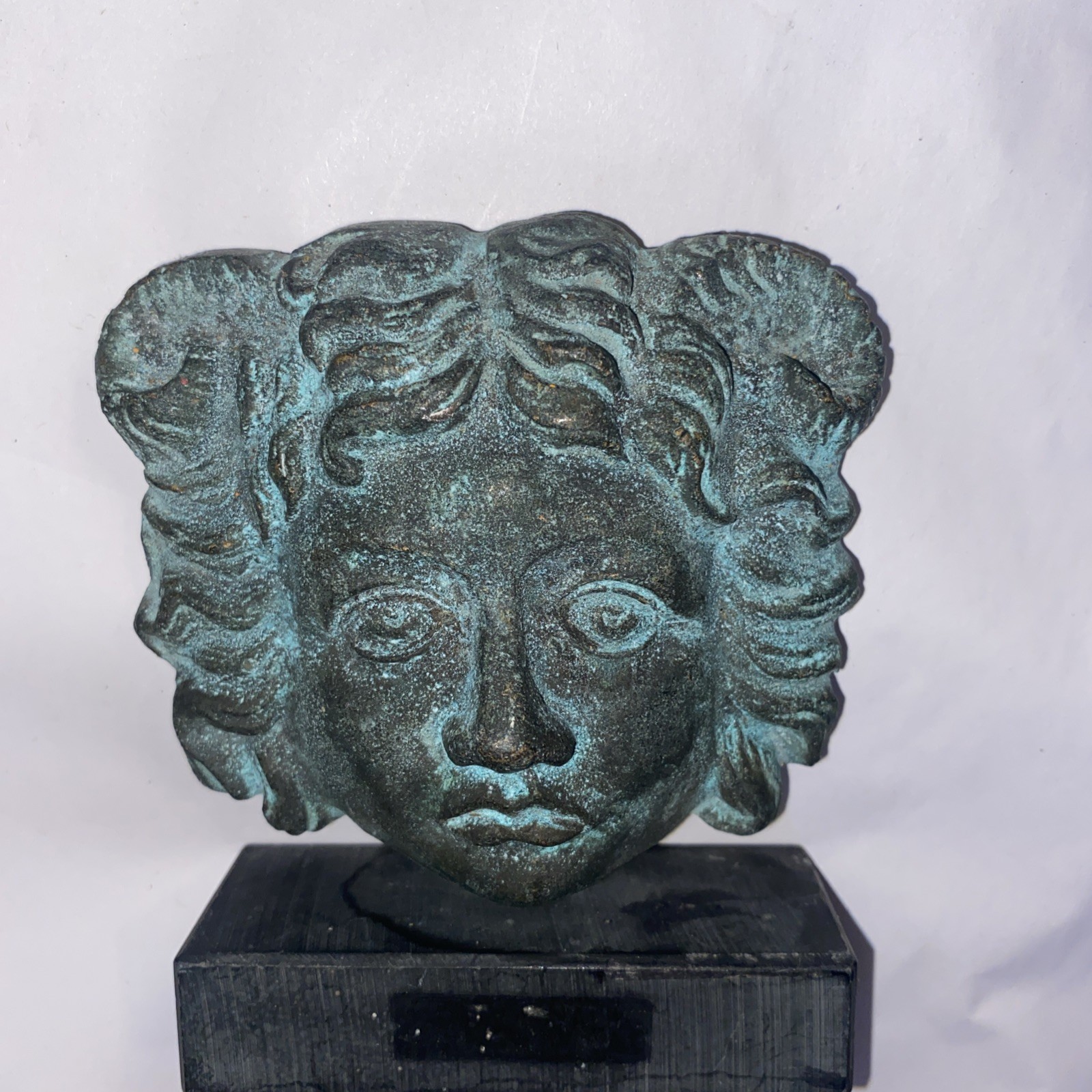 Medusa 4″ Bronze Head Mask Sculpture On Black Marble Etruscan Greek