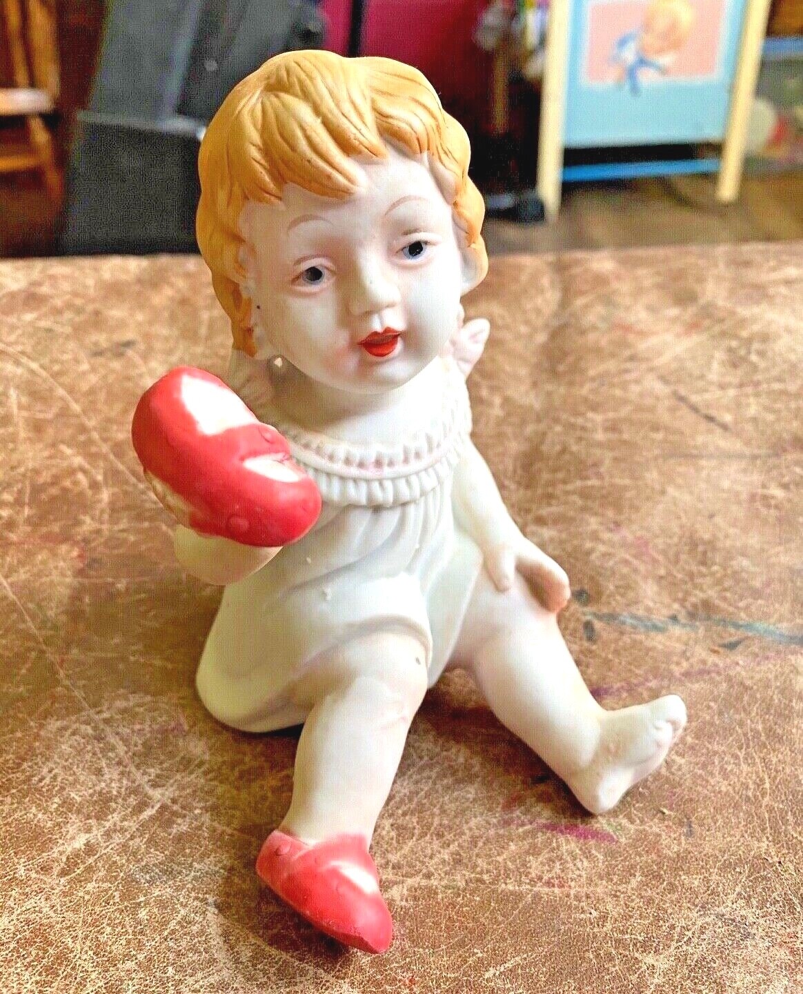 Adorable Bisque Blonde Piano Baby One Red Shoe Off