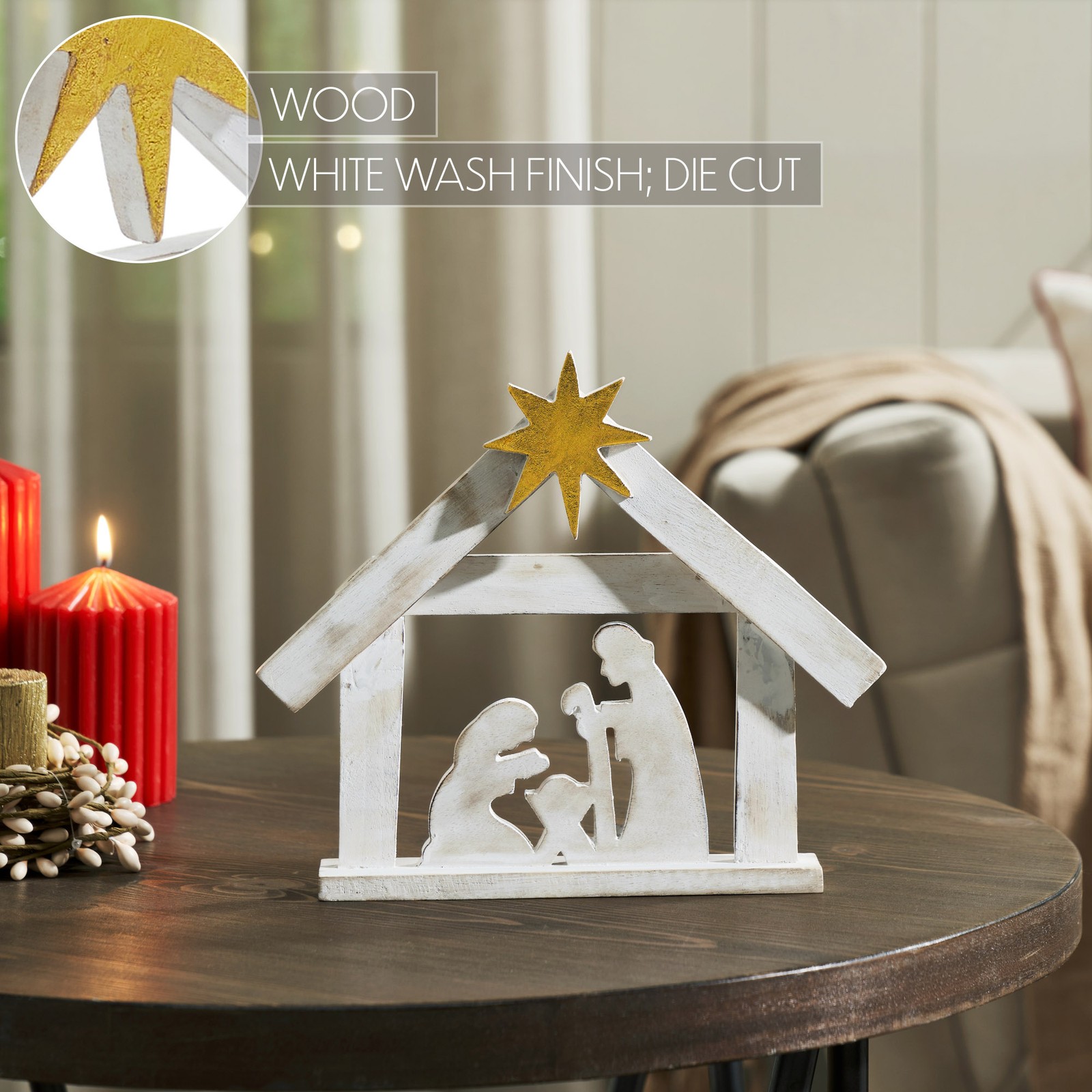 A Savior is Born Distressed White Wooden Nativity Scene 8.5x10x1.5 VHC Brands