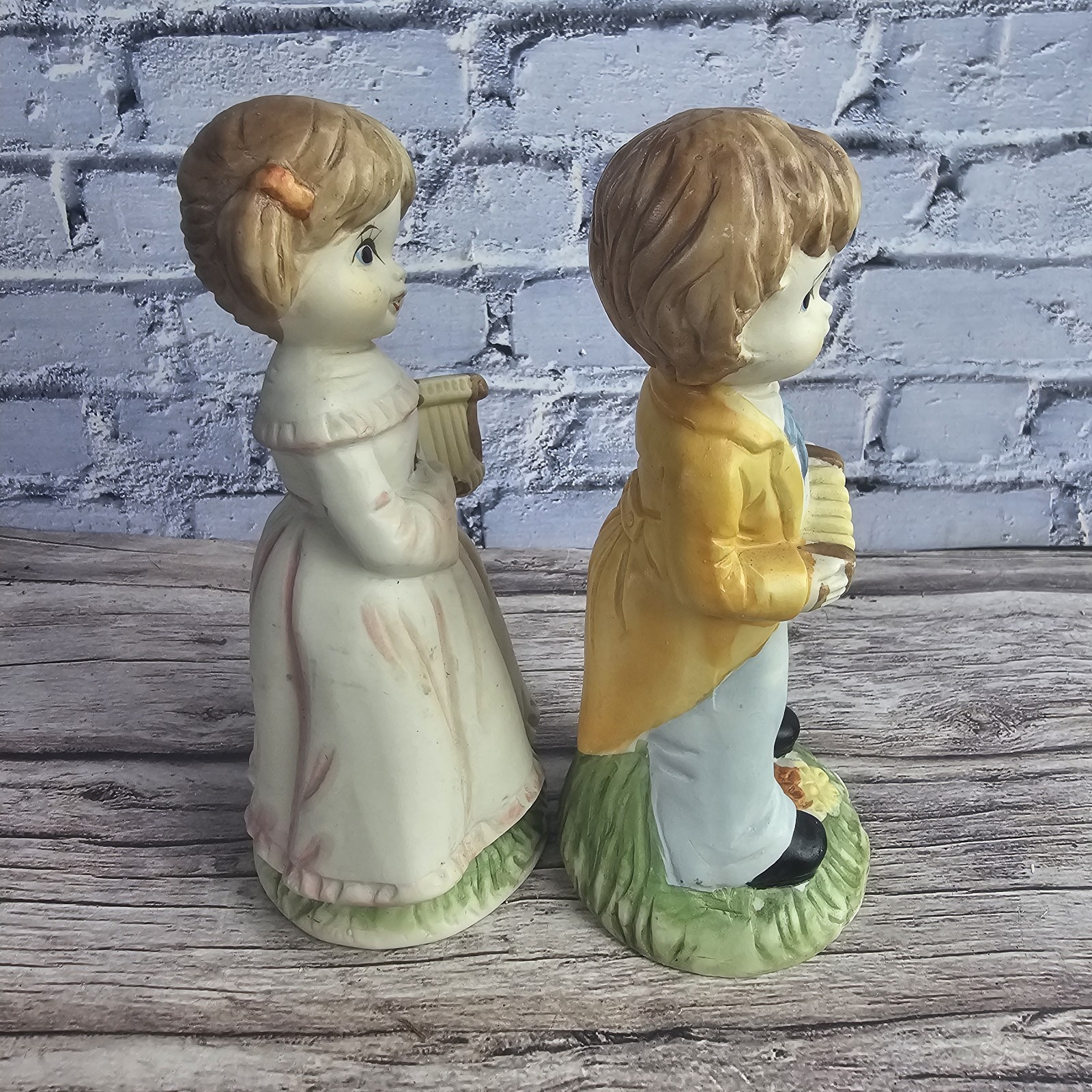 Vintage Porcelain Figurines Pair Boy w/ Accordion & Girl w/ Harp Lyre
