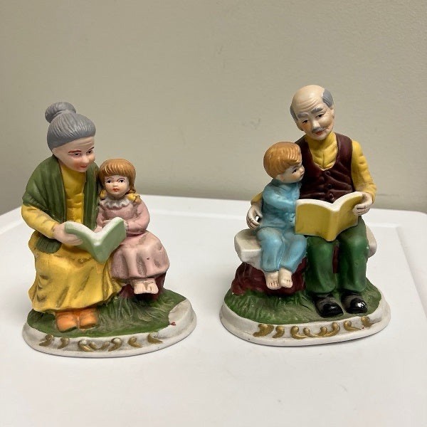 Hand Painted Porcelain Figurines Grandparents Reading Child Set of 2