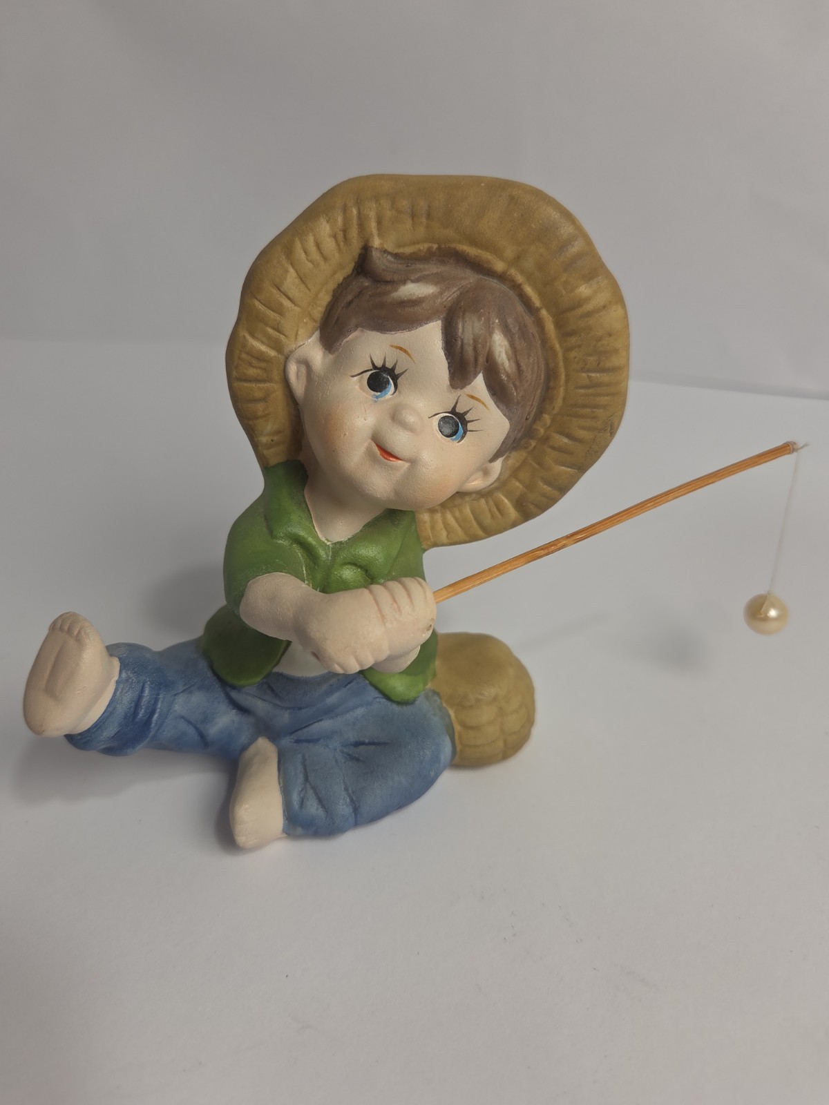 Vintage Ceramic Blue Jeans Hat Little Boy Fishing Pole Line Bobber